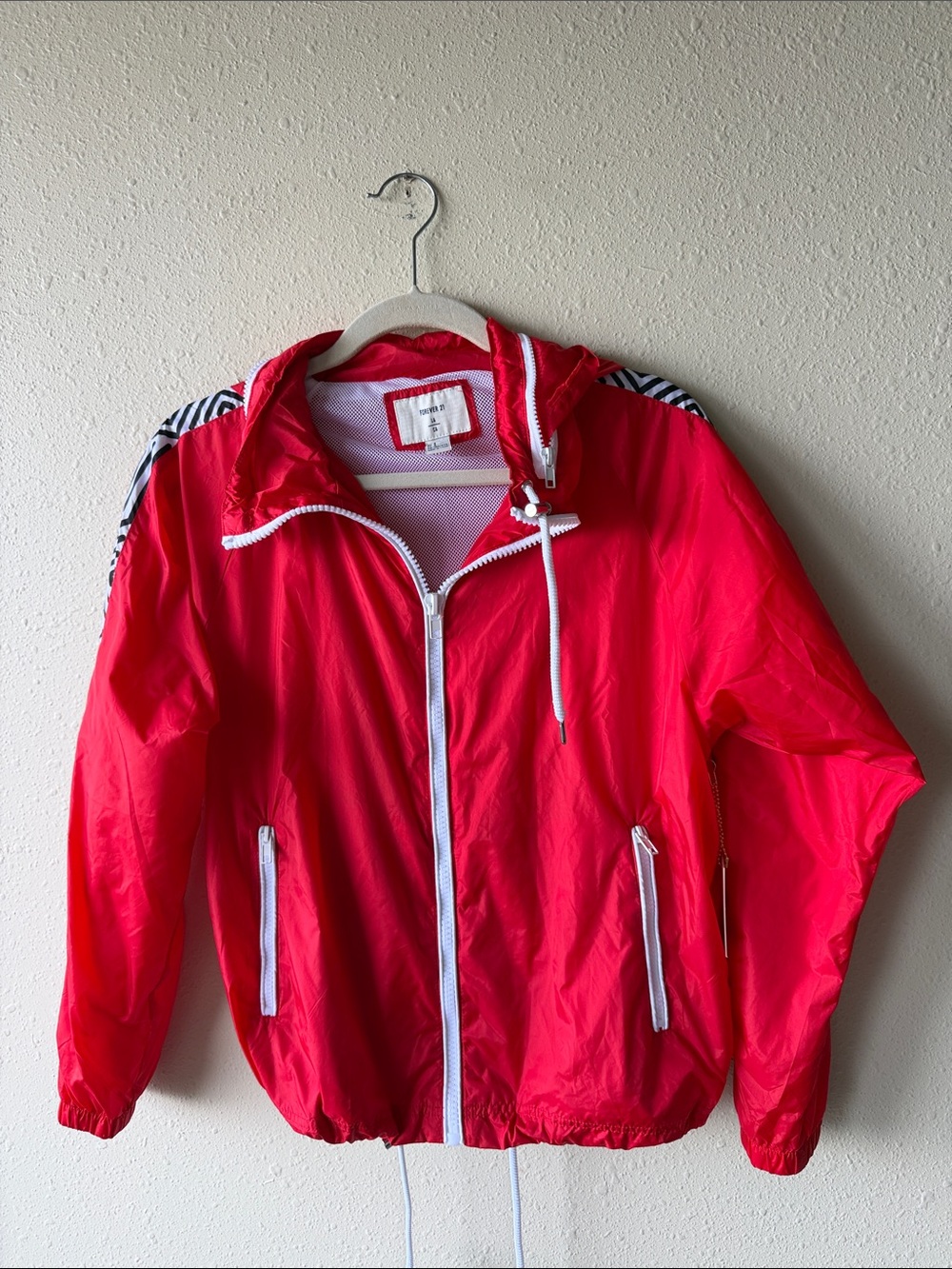 Forever 21 Red Hooded Bomber Jacket with White Trim